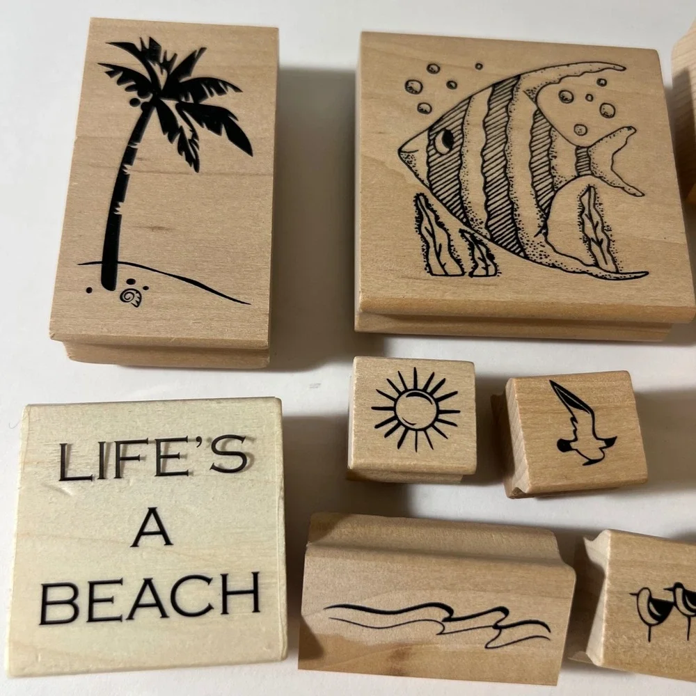 10pc Beach Tropical Wood Mounted Rubber Stamp Lot Palm Tree Fish Nautical Craft